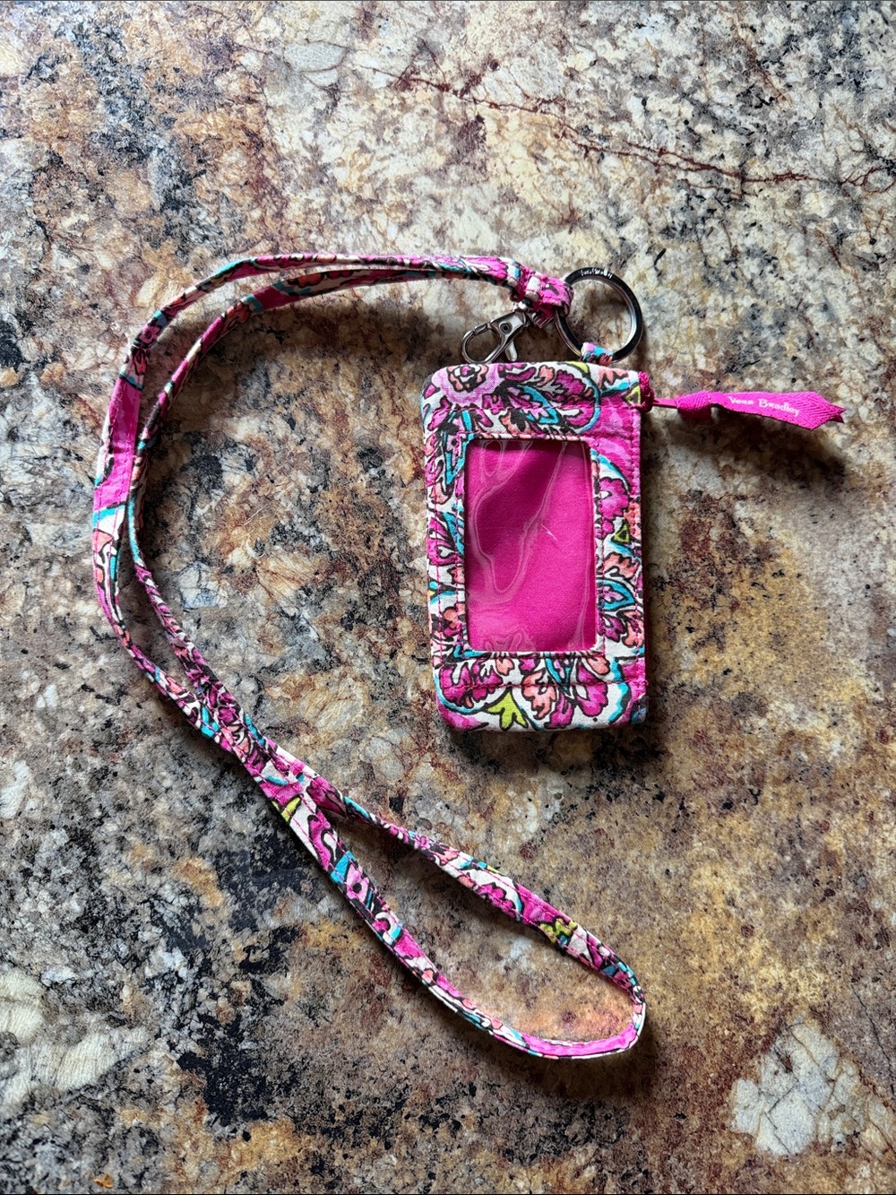 Vera Bradley Pink Floral Lanyard ID Holder with Key Ring